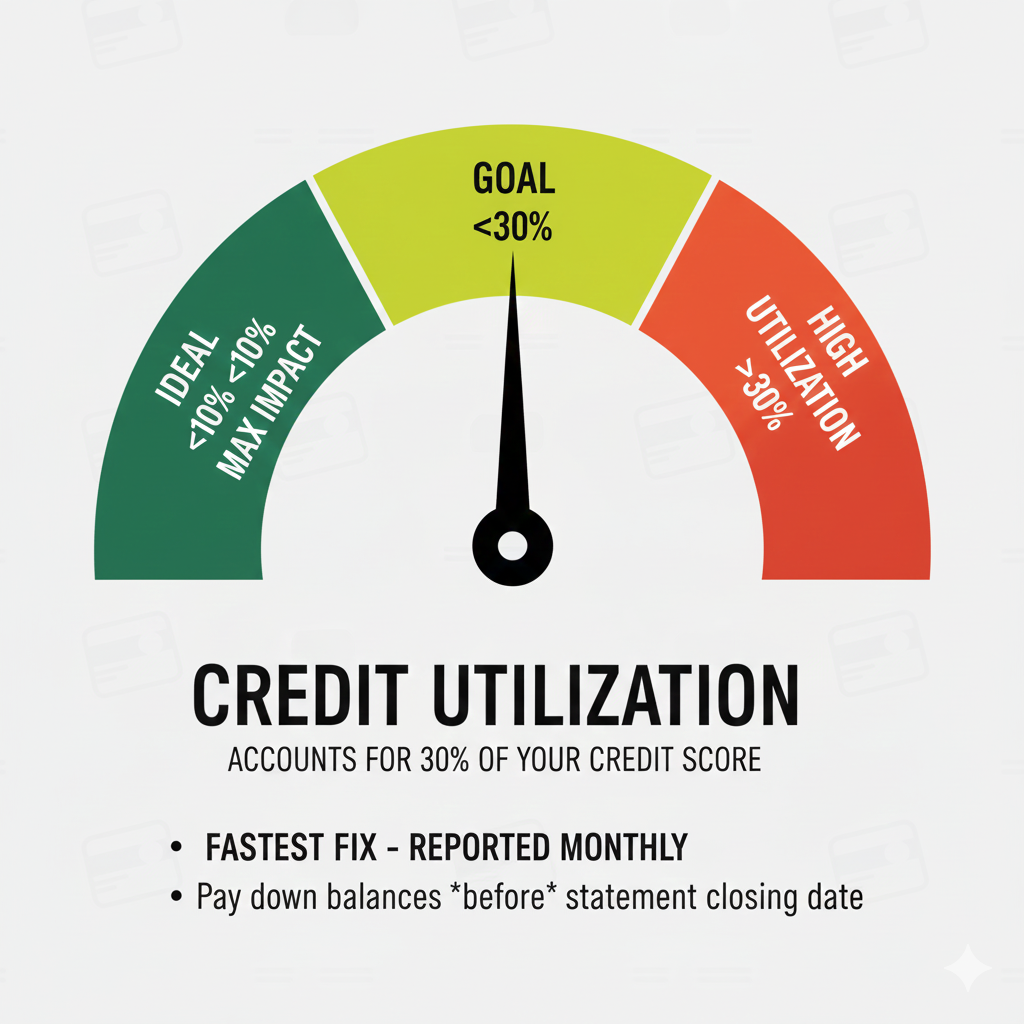 Image of a credit meter showing usage under 30 percent