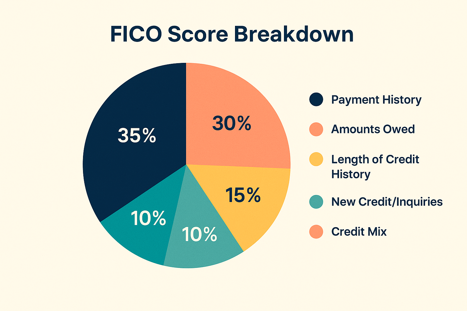 FICO Score Pie Chart showing 35% Payment History, 30% Amounts Owed, 15% Length of History, 10% New Credit, 10% Credit Mix